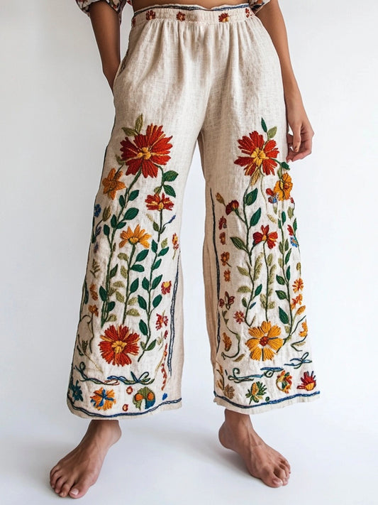 Bohemian Ethnic Floral Embroidery Women's Linen Trouser elevenforest