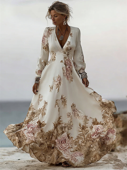 Classy Vintage Roses Print V Neck Flowy Maxi Linen Dress elevenforest
