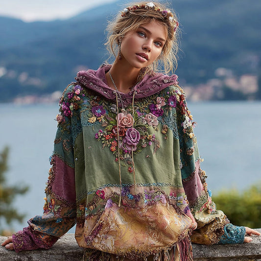 Women's Vintage Floral Patchwork Cozy Warm Hoodie elevenforest