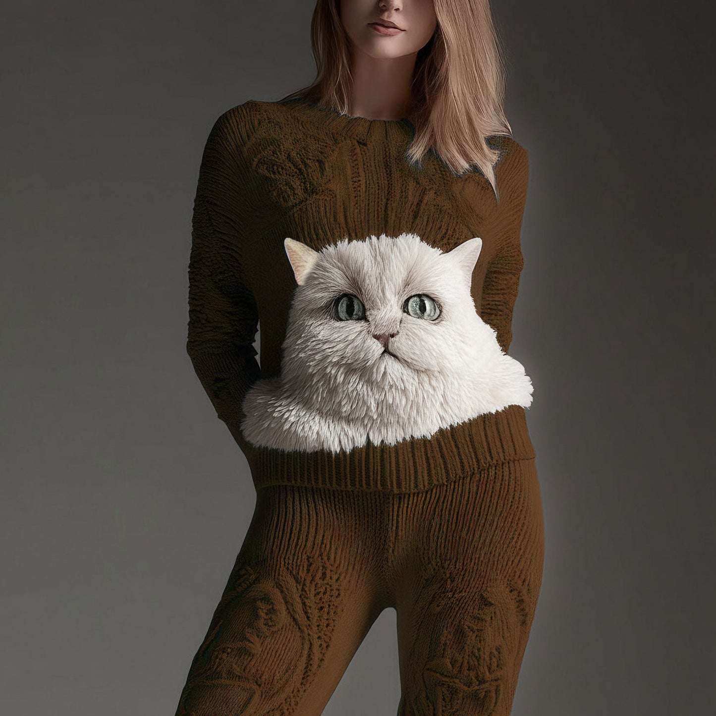 Cute Fuzzy Cat Face Embroidered Cozy Knit Sweater elevenforest