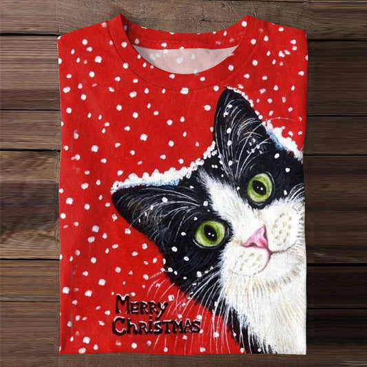 Christmas Cat Print Round Neck Long Sleeve T-Shirt elevenforest