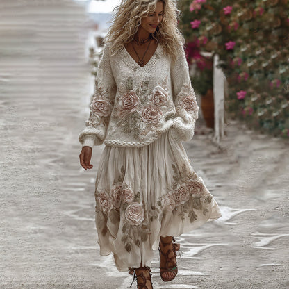 Classic Rose Art Cozy Knit V Neck Sweater And Linen Skirt Two-piece Set elevenforest