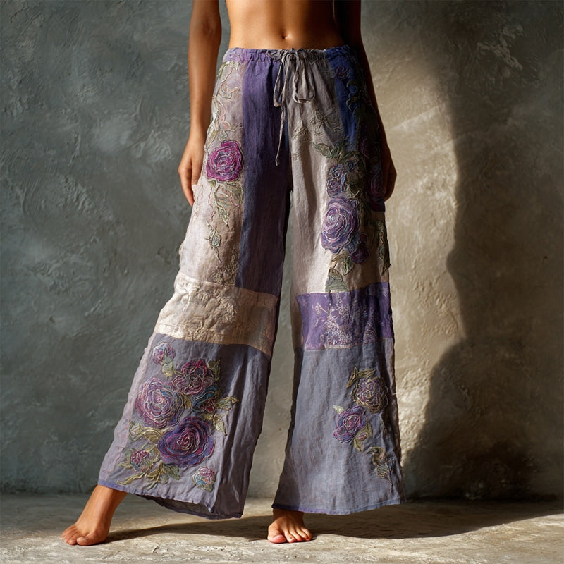 Vintage Purple Roses Embroidered Patchwork Linen Pants elevenforest
