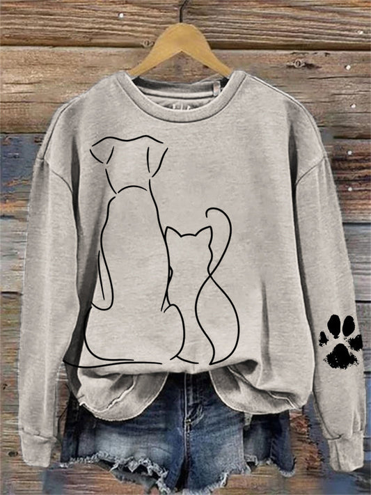 Cat & Dog Line Art Paw Print Comfy Sweatshirt elevenforest