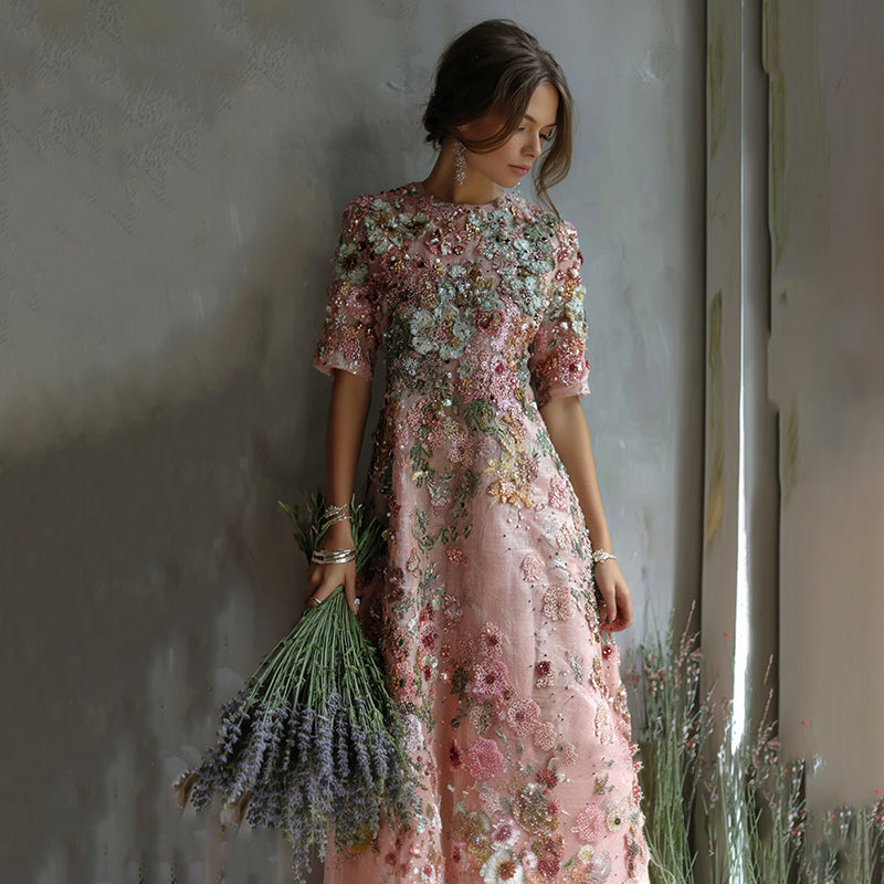 Health Conscious Art Oil Painting Floral Sequin Maxi Dress