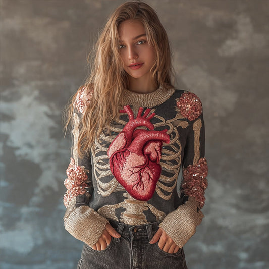 Comstylish Female Anatomy Art And Flower Round Neck Sweater