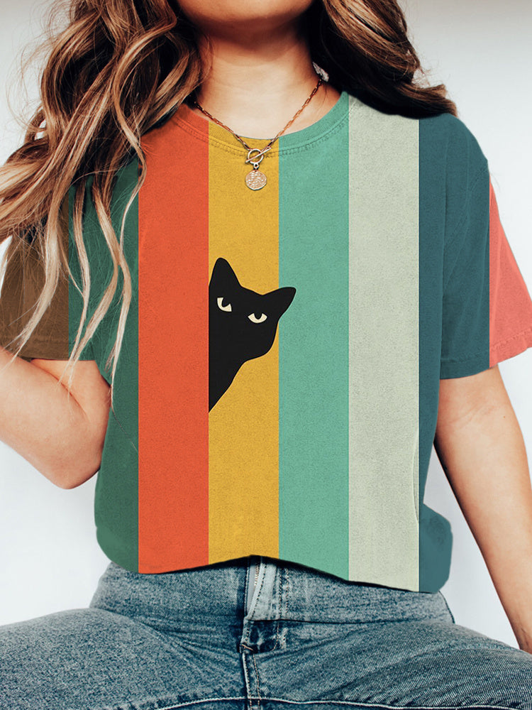Rainbow Cat Stripe Print Short Sleeve T-Shirt elevenforest