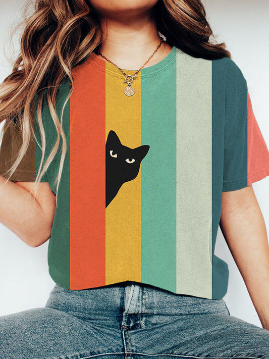 Rainbow Cat Stripe Print Short Sleeve T-Shirt elevenforest