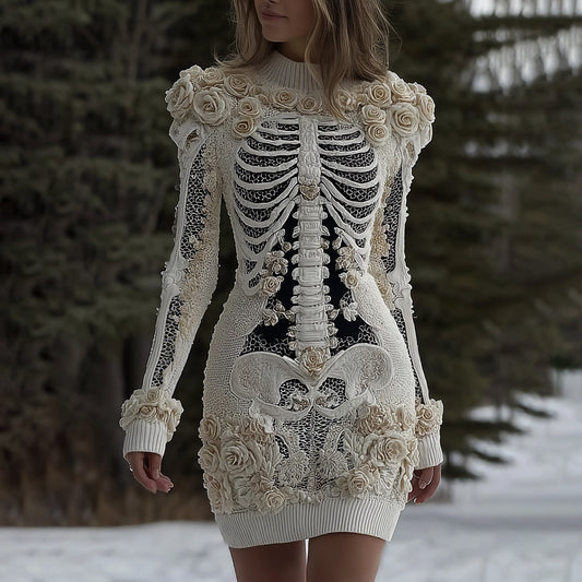 Women's Halloween Skeleton Bones With Rose Art Cozy Knit Mini Sweater Dress elevenforest
