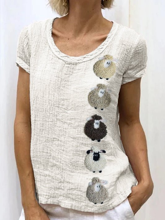Comstylish Colorful Sheep Embroidered Linen Shirt