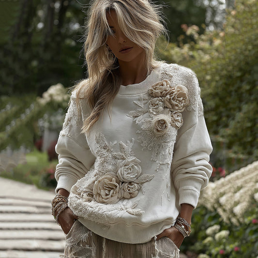 Women's Retro Floral Patchwork Art Cozy Sweatshirt elevenforest