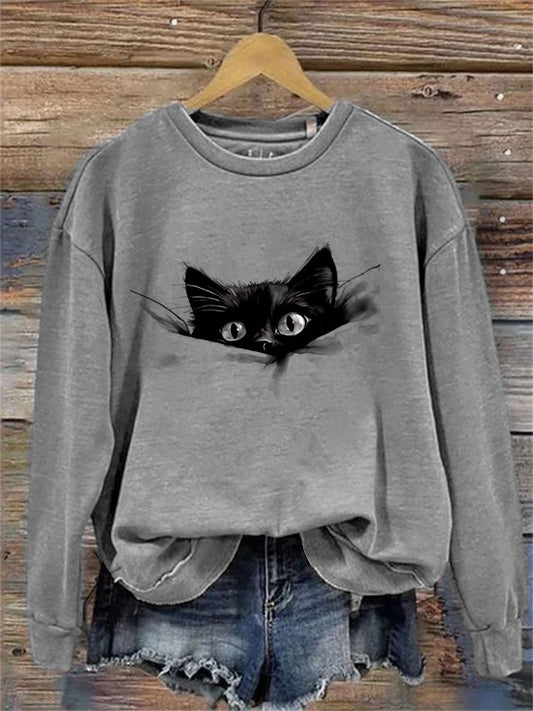 Women's Casual Funny Black Cat Print Sweatshirt elevenforest