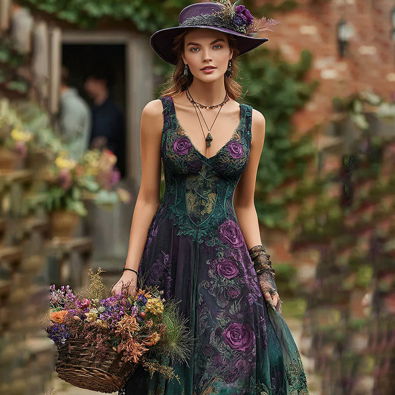 Women's Vintage Floral Embroidery Gradient Pattern Casual Maxi Dress elevenforest