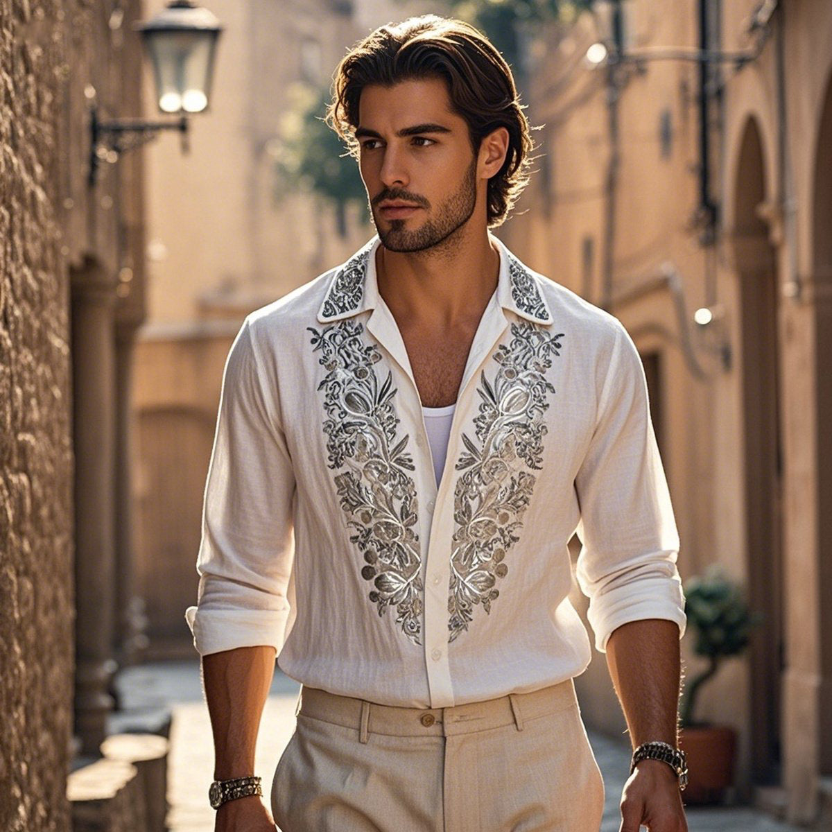 Men's Bohemian Embroidered Linen Long Sleeve Shirt elevenforest