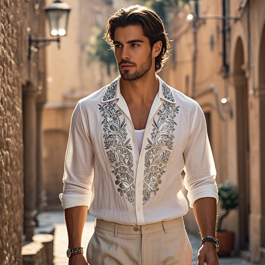 Men's Bohemian Embroidered Linen Long Sleeve Shirt elevenforest