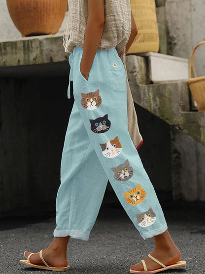 Cute Cats Animal Embroidery Pattern Linen Pants elevenforest