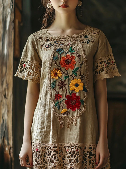 Vintage Lace Floral Embroidery Women's Linen Dress elevenforest