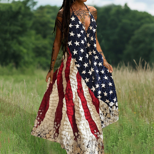 Independence Day Flag Floral Art Inspired Patchwork Maxi Dress elevenforest