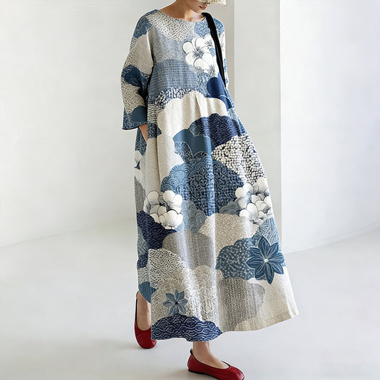 Comstylish Women's Japanese-style Linen Dress With Floral Pattern