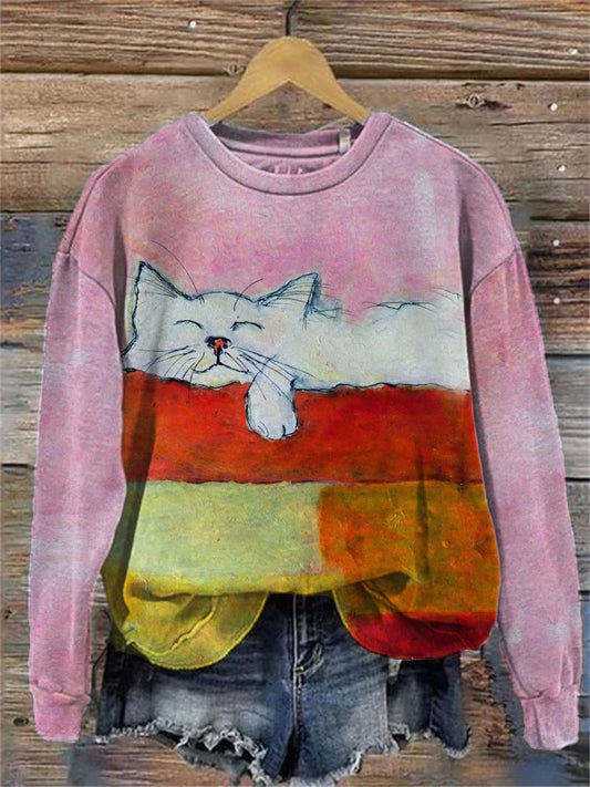 Lovely Sleeping Cat Colorblock Comfy Sweatshirt elevenforest