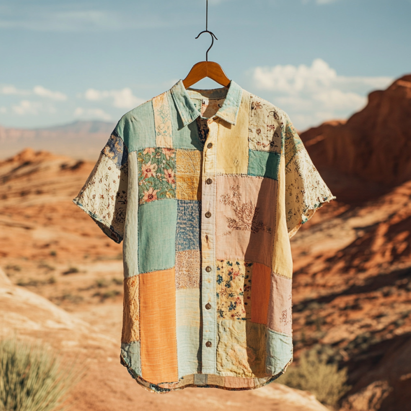 Men's Retro Floral Patchwork Contrast Color Linen Shirt elevenforest