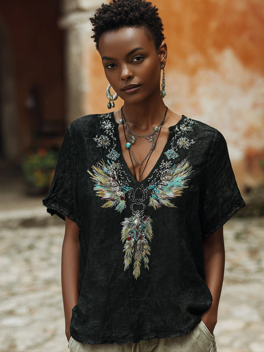 Western-style Bright-colored Feather Three-dimensional Embroidery Sequin V-neck Black Short-sleeved Shirt elevenforest