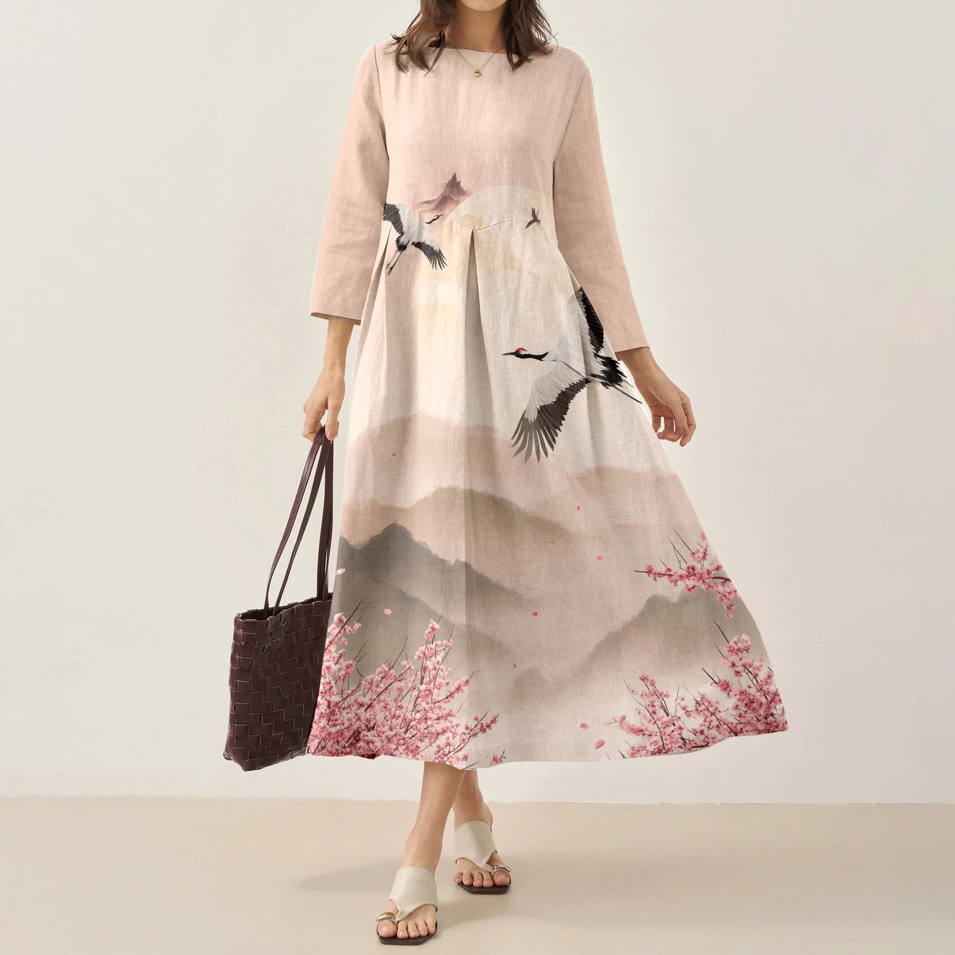Japanese Retro Cherry Blossom With Crane Print Art Comfy Maxi Dress elevenforest
