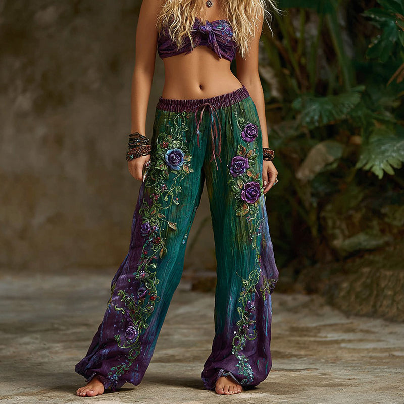 Women's Vintage Rose Floral Pattern Casual Wide Leg Pants elevenforest