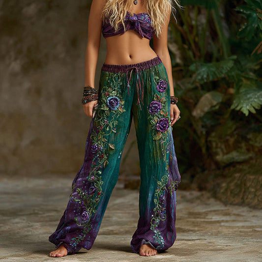 Women's Vintage Rose Floral Pattern Casual Wide Leg Pants elevenforest