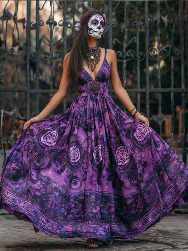 Ladies' Halloween Skull And Rose Vintage-style Long Dress With Straps elevenforest