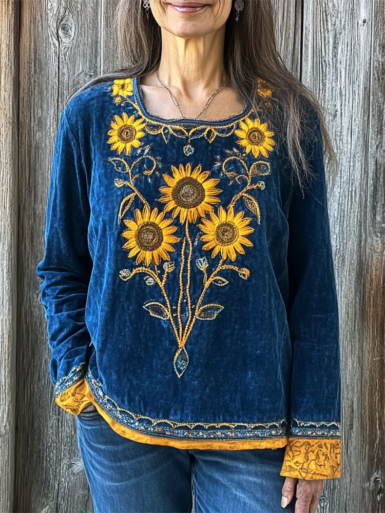 Ukraine Ethnic Sunflowers Beaded Embroidered Contrast Color T Shirt elevenforest