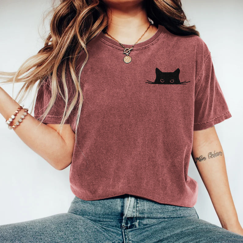 Abstract Creative Embroidered Black Cat Art Print  T-shirt elevenforest