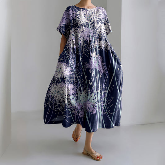 Comstylish Women's Japanese Chrysanthemum Art Short Sleeve Midi Dress