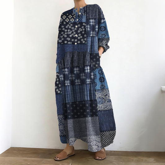 Comstylish Vintage Japanese Traditional Patchwork Art Linen Maxi Dress