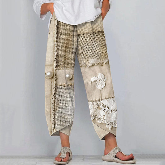 Lace Patchwork Pearl Embroidered Linen Blend Pants elevenforest