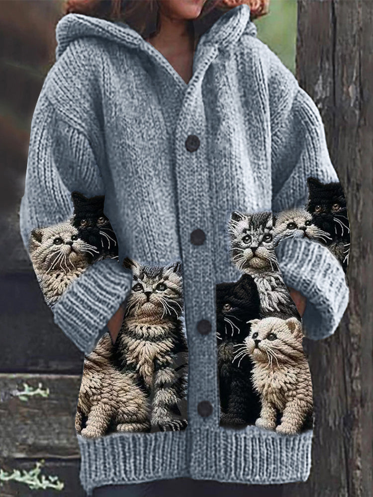 Fuzzy Cats Crochet Art Cozy Knit Hooded Cardigan elevenforest