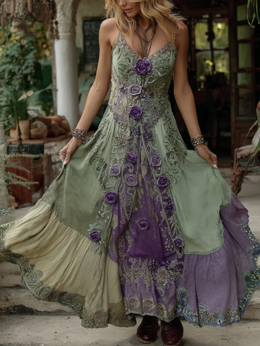 Vintage Classy Gradient Purple Lavender And Floral Embroidered Linen Suspender Long Dress elevenforest