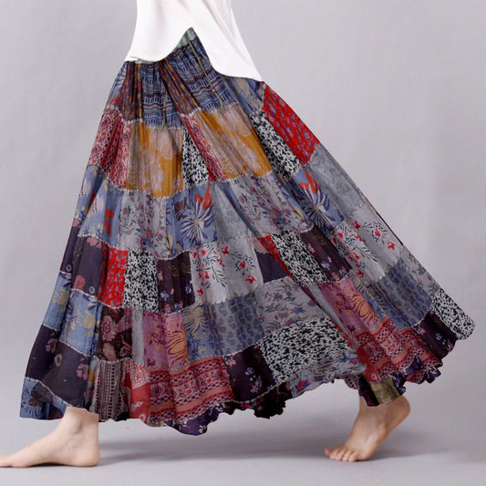 Vintage Floral Patchwork Pattern Flowy Wide Skirt elevenforest