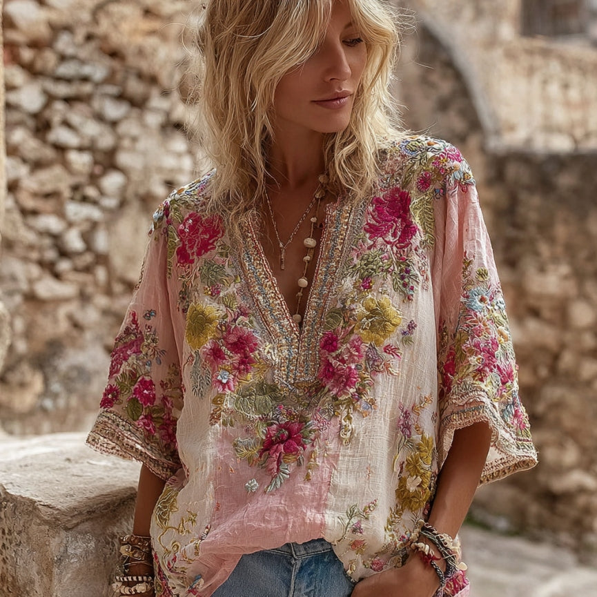 Women's Flower Embroidered Art Linen Blend V-neck Shirt elevenforest