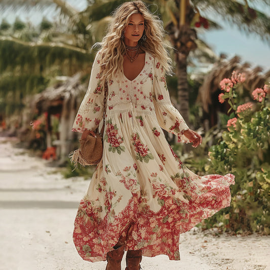 Women's Vacation Romantic Rose Patchwork Art Comfy Linen Maxi Dress elevenforest