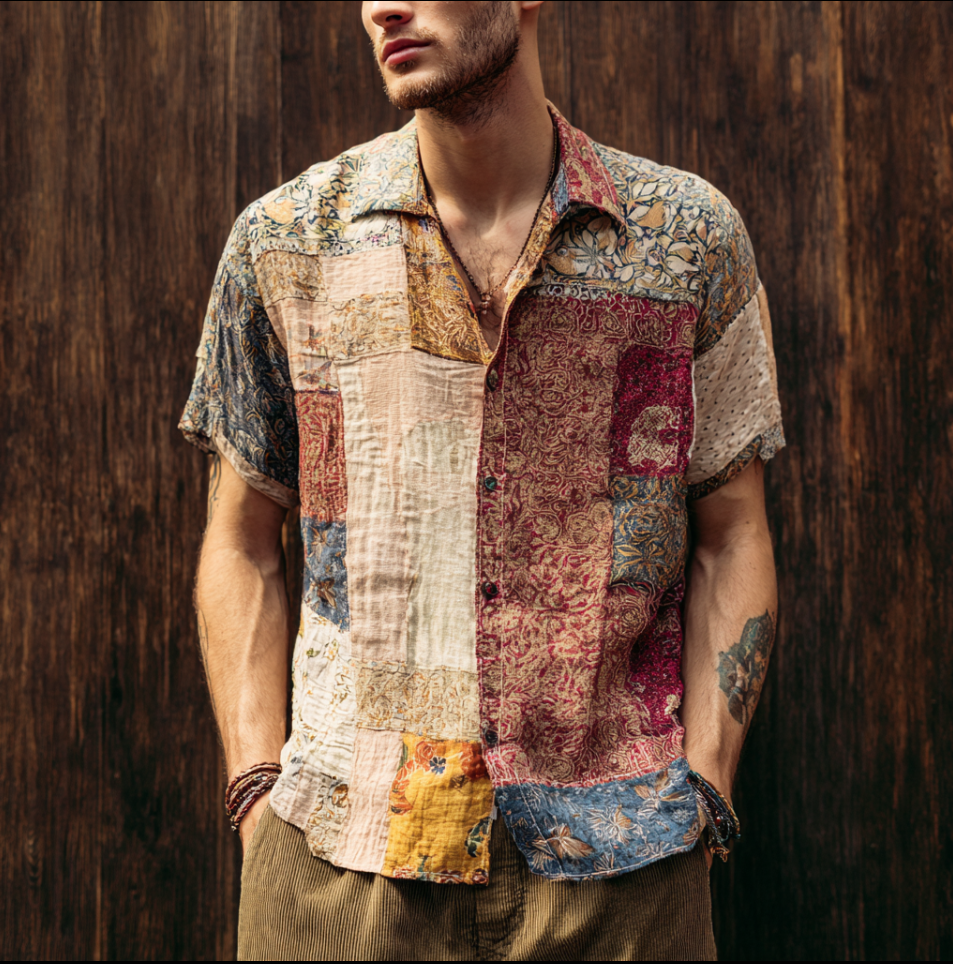 Men's Bohemian Plant Flower Pattern Retro Cotton And Linen Shirt elevenforest