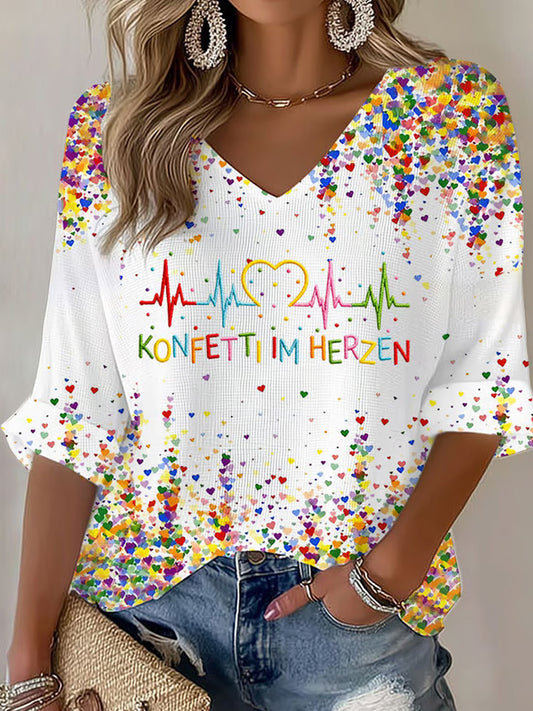 Comstylish Damen Kölner Karneval Konfetti Im Herzen Print Lässiges V-ausschnitt Langarm-top