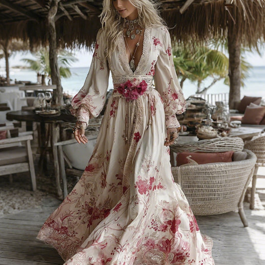 Vintage Floral Embroidered V Neck Casual Maxi Dress elevenforest