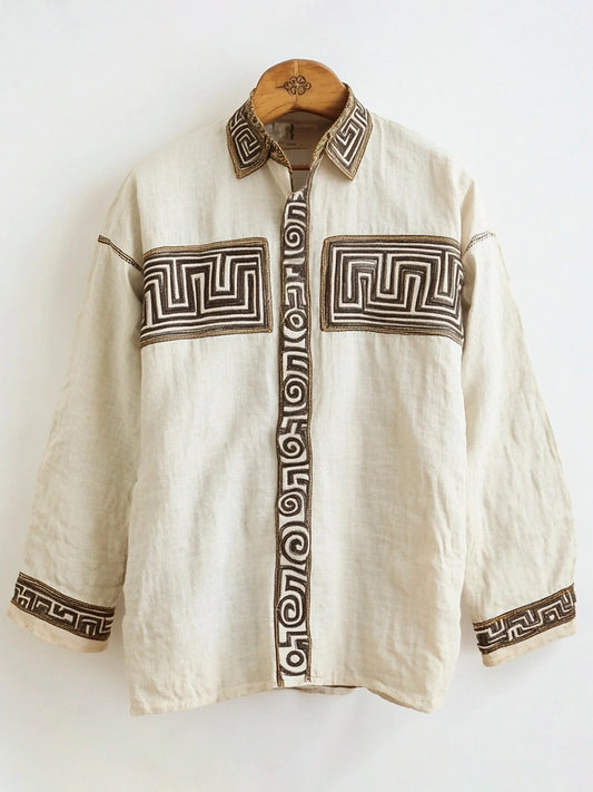 Greek Vintage Pattern Men's Linen Long Sleeve Shirt elevenforest