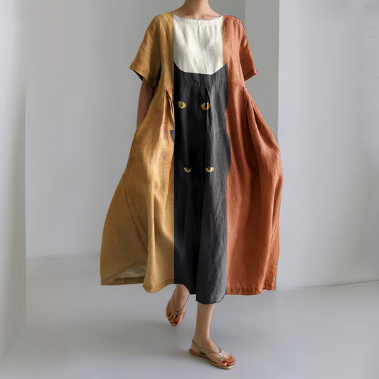 Abstract Black Cat Painting Art Linen Blend Maxi Dress elevenforest