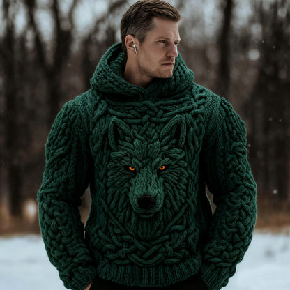 Men's Viking Celtic Wolf Knit Chunky Hooded Sweater artswardrobe