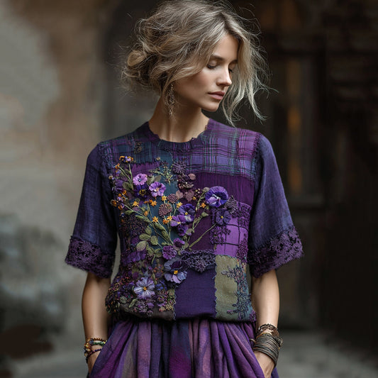 Women's Embroidered Pansy Floral Patchwork Check Short Sleeve T-shirt elevenforest
