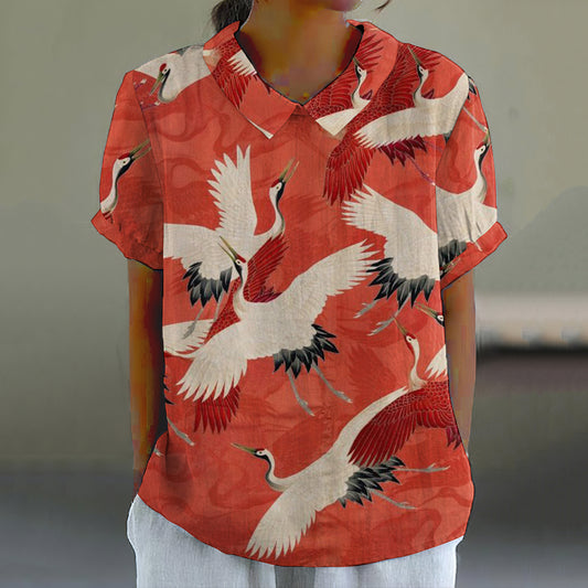 Comstylish Japanese Art Crane Print Lapel Blouse