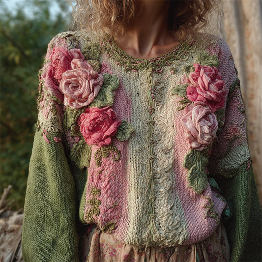 Cottage Pink Roses Crochet Embroidered Colorblock Cozy Sweater elevenforest
