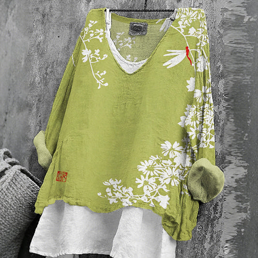 Comstylish Women's Japanese Floral Art Print V-neck T-shirt